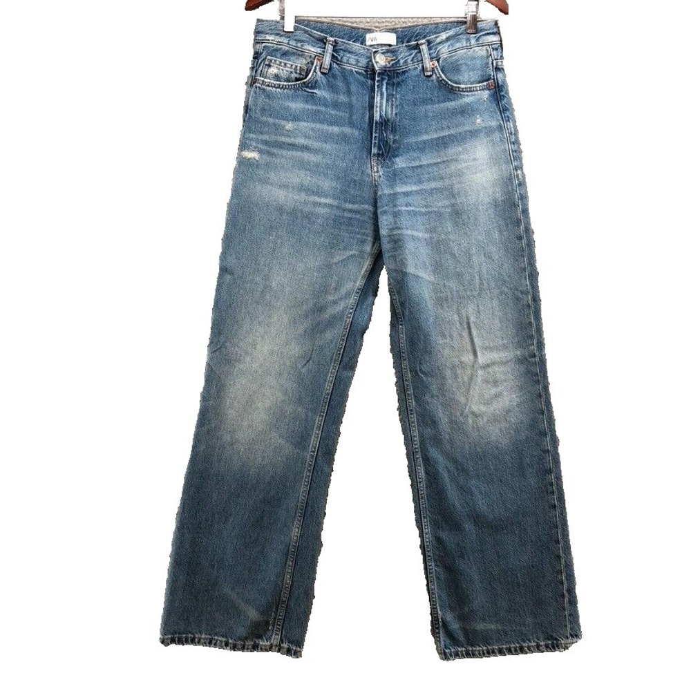 Zara Jeans Womens 8 Blue Denim Straight Leg High Rise Distressed Classic